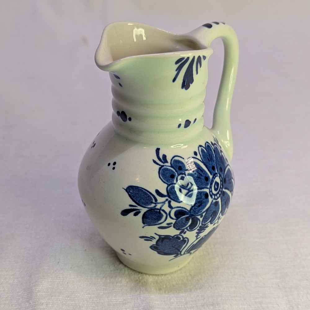 Vintage Delft Holland Mini Pitcher Cream Ewer Hand Painted Blue & White Flowers
